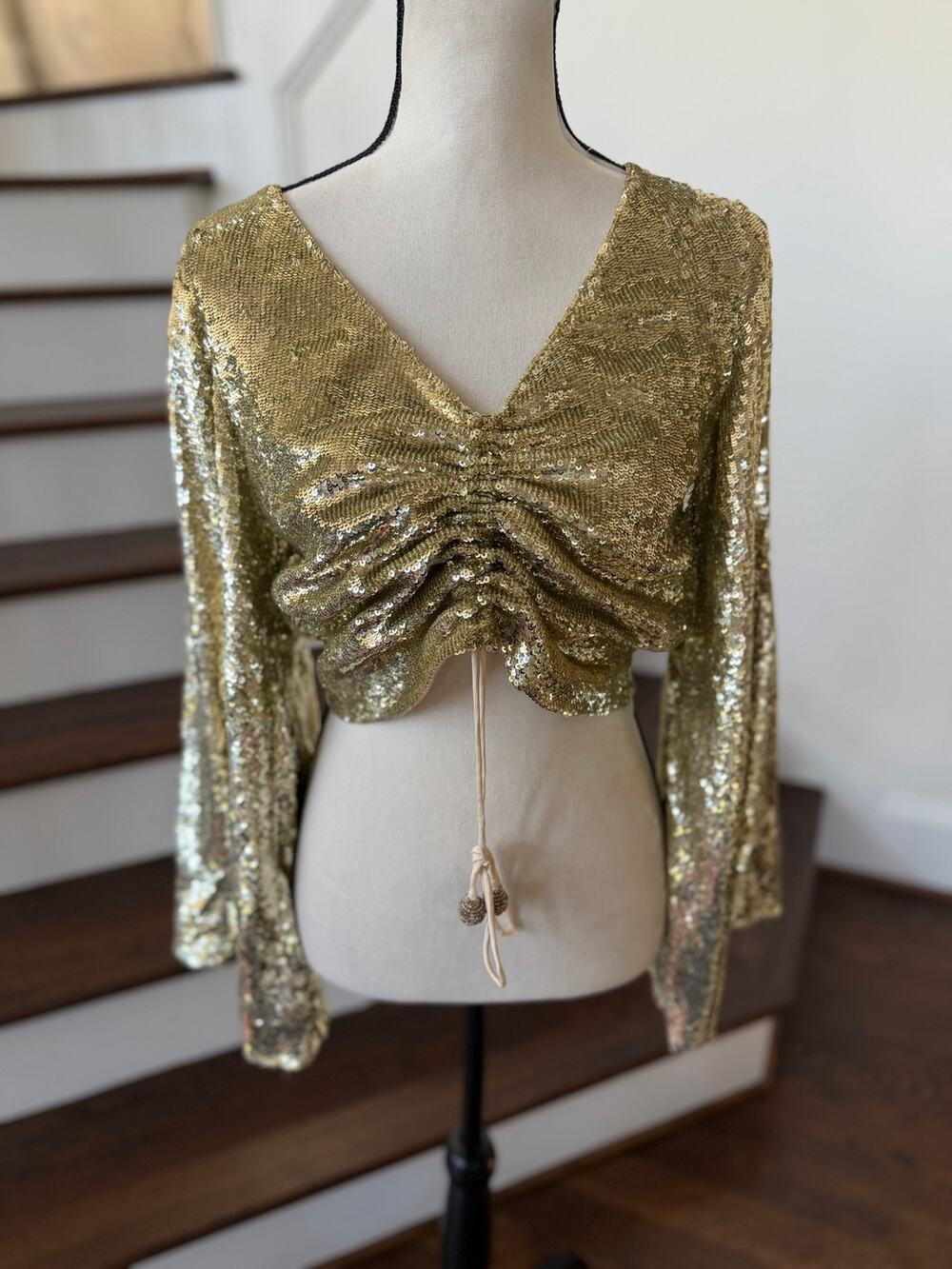 Retrofête Sequin Gold Bell Sleeve Ruched Adjustable Crop Top ASO Lisa Vanderpump